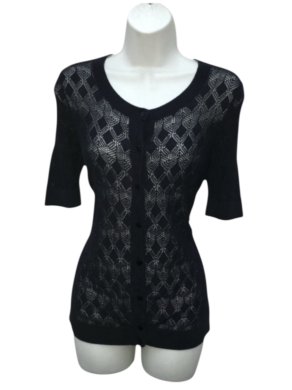 Talbots Navy Blue Short Sleeve Diamond Knit Cardigan Sweater - Women’s SP